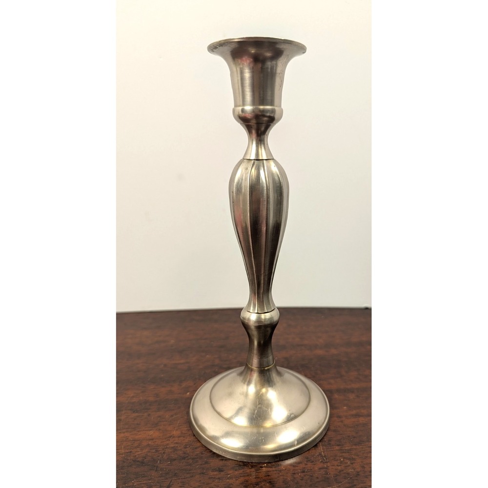 Vintage Solid Brass Candlestick Holder Silver Tone Satin Nickel Finish 8"